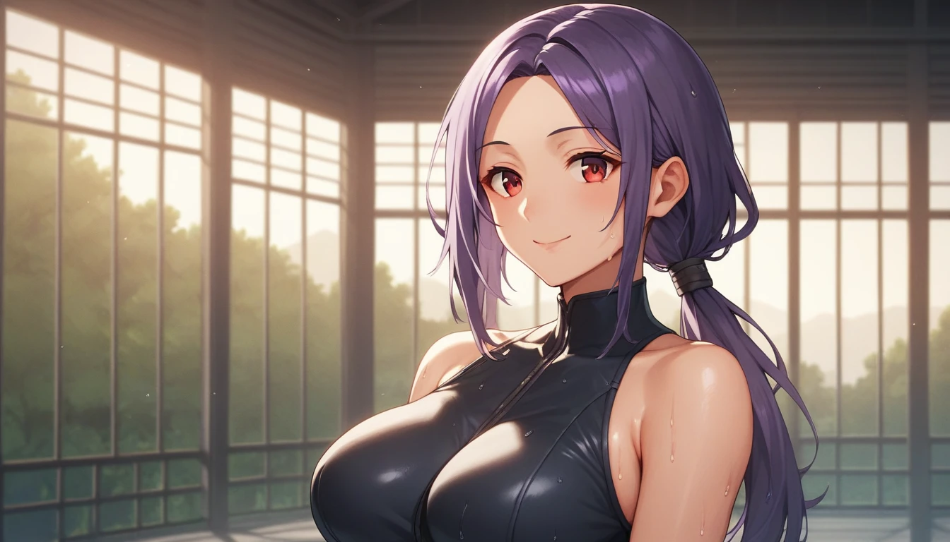 Score_9, Score_8_up, Score_7_up, One Girl,smile, Hirokazu Koyama ,Sweaty,sexy,Pixel Perfect,Large Breasts,Anatomically correct, Masterpiece Highly detailed,8k, (background,evening),(Fits your body,Rider Suit,Sleeveless),, Red eyes, ( Long Hair, Purple Hair, Parted bangs,low ponytail, ), Let me&#39;Let&#39;s take a look, Appealing the sides,Cowboy Shot, Standing,iaidow,weapon, katana, holding sword, ready to draw, sheathed, unsheathing, scabbard,