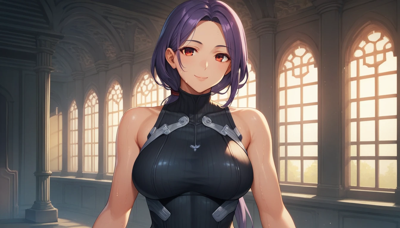 Score_9, Score_8_up, Score_7_up, One Girl,smile, Hirokazu Koyama ,Sweaty,sexy,Pixel Perfect,Large Breasts,Anatomically correct, Masterpiece Highly detailed,8k, (background,evening),(Fits your body,Rider Suit,Sleeveless),, Red eyes, ( Long Hair, Purple Hair, Parted bangs,low ponytail, ), Let me&#39;Let&#39;s take a look, Appealing the sides,Cowboy Shot, Standing,iaidow,weapon, katana, holding sword, ready to draw, sheathed, unsheathing, scabbard,