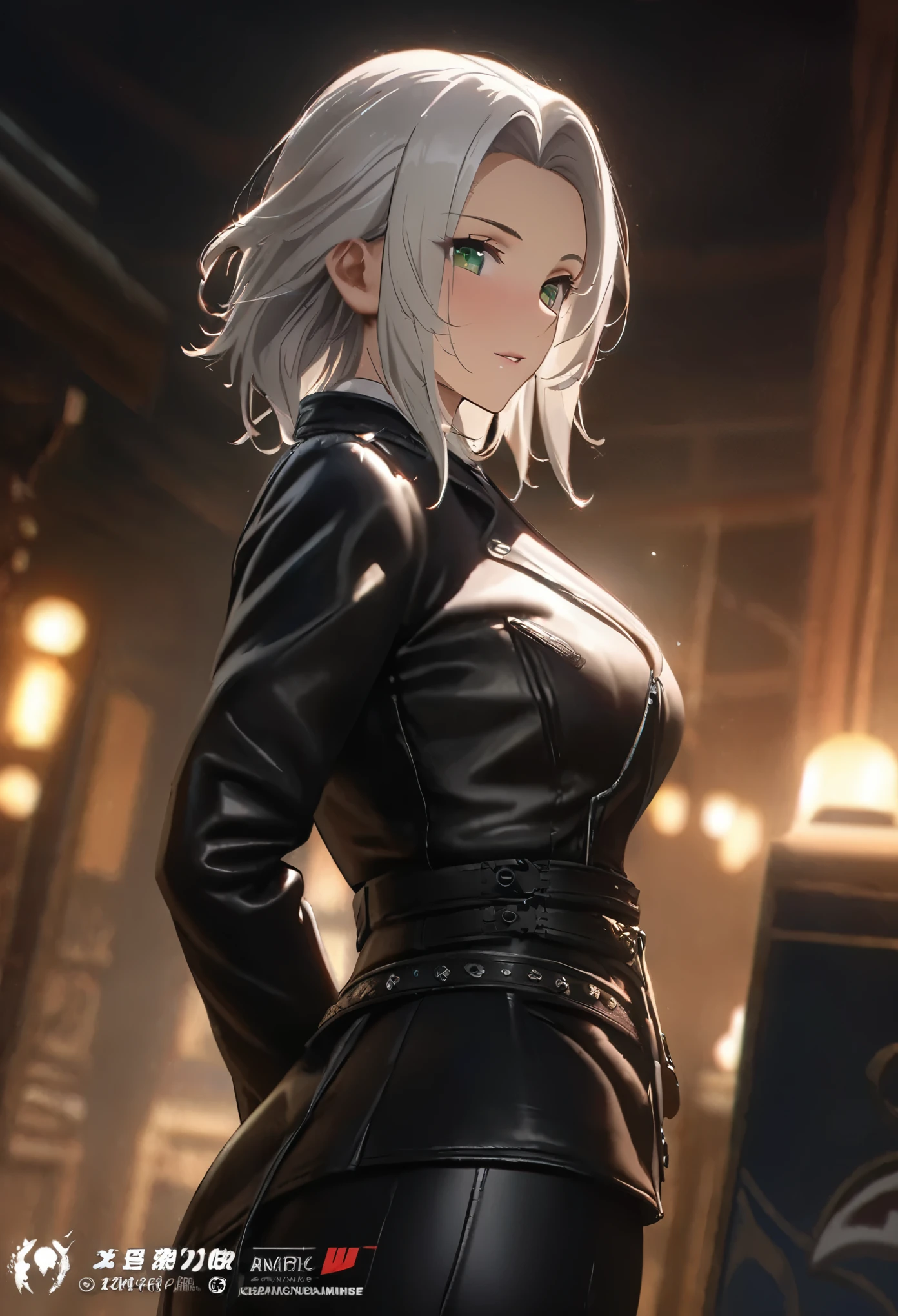 ((solo)), (woman), green eyes, white hair, medium hair, full straight hair, (mature adult), old, mature, mature-looking, lady Maria face, fit, medium breasts, a close up of a person, detailed key anime art, casimir art, masamune shiro, masamune, beautiful girl in demon slayer art, heise jinyao, shadowverse style, (no logos), leather pants, leather jacket, white shirt, dull hair, depth of field, cinematic lighting, ray tracing, depth of field, cinematic lighting, ray tracing, UHD, high details, best quality, highres, high quality, award winning, super detail, masterpiece, 8k, UHD, high details, best quality, highres, high quality, award winning, super detail, masterpiece, 8k