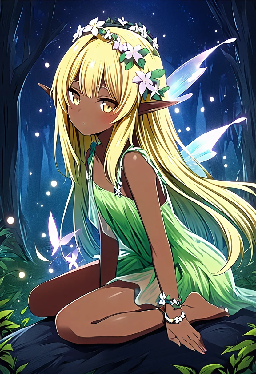 (masterpiece, best quality, 8k, sharp focus, 1girl, short yellow hair, flower crown, elf ears, leafy dress, barefoot, anklets, veery dark skin, translucent fairy winks, sitting on a mushroom, forest background