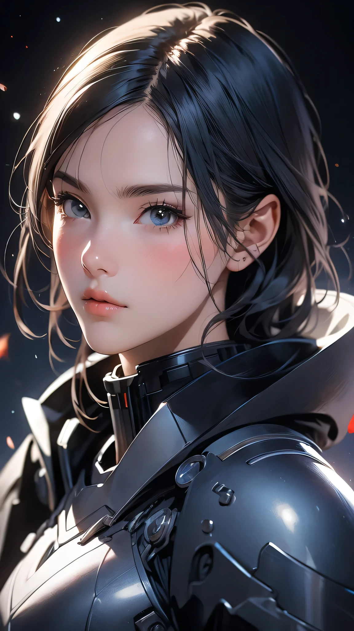 ((Masterpiece)), envision a 8k, highres, cinematic, extremely beautiful semi realistic close up portrait of a beautiful mature lady with a strong face, slender body, mean face, ((short blue hair)), armor, blush, flustered, side locks, round face, long sweeping bangs, blue eyes, soft lips, lip gloss, thick eyebrows, round face, ((((1girl)))), in dark lighting, against a dark gray background