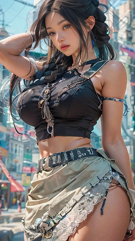masterpiece, 1 beautiful girl, Detailed eye, Swollen eyes, top-quality,high resolution, (reality: 1.4),very extremely beautiful, Beautiful skins, A slender, Forward-facing body, (A hyper-realistic), (hight resolution), (8K), (ighly detailed), ( Best Illustration), (beautifully detailed eyes), (ultra-detailliert),Bright lighting, Professional Lighting、the most beautiful and sexy steampunk girl, black hair, purple eyes, wearing incredibly detailed post apocalyptic steampunk tactical gear and goggles, huge enormously gigantic tits, cleavage showing, tons of piercings, in post apocalyptic wasteland, incredibly detailed background, metal fragments blowing in the wind, incredibly cinematic, incredibly perfect masterpiece, high quality, high resolution