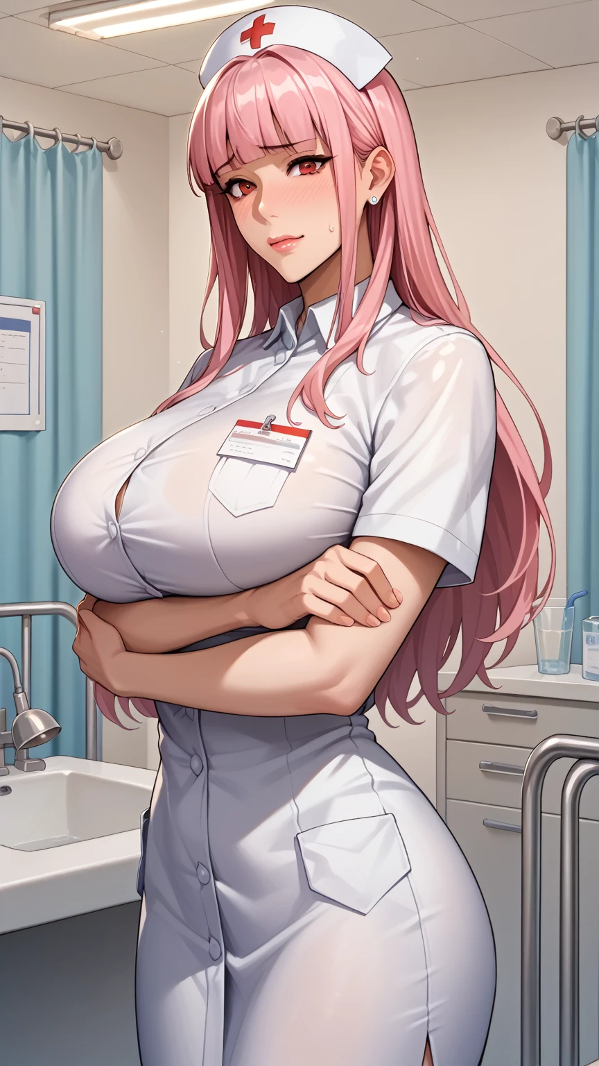 high resolution　best quality　Big Tits　Super Breasts　Expressionless　expressionless　Emphasize the chest　aroused　bare breasts　(((Large areola)))　Saggy breasts　nurse　Emphasize the chest　(((inverted nipples)))　volumeＵＰ　pink hair　　mole　Muscular man　 Penis showing　male emphasis　Expose