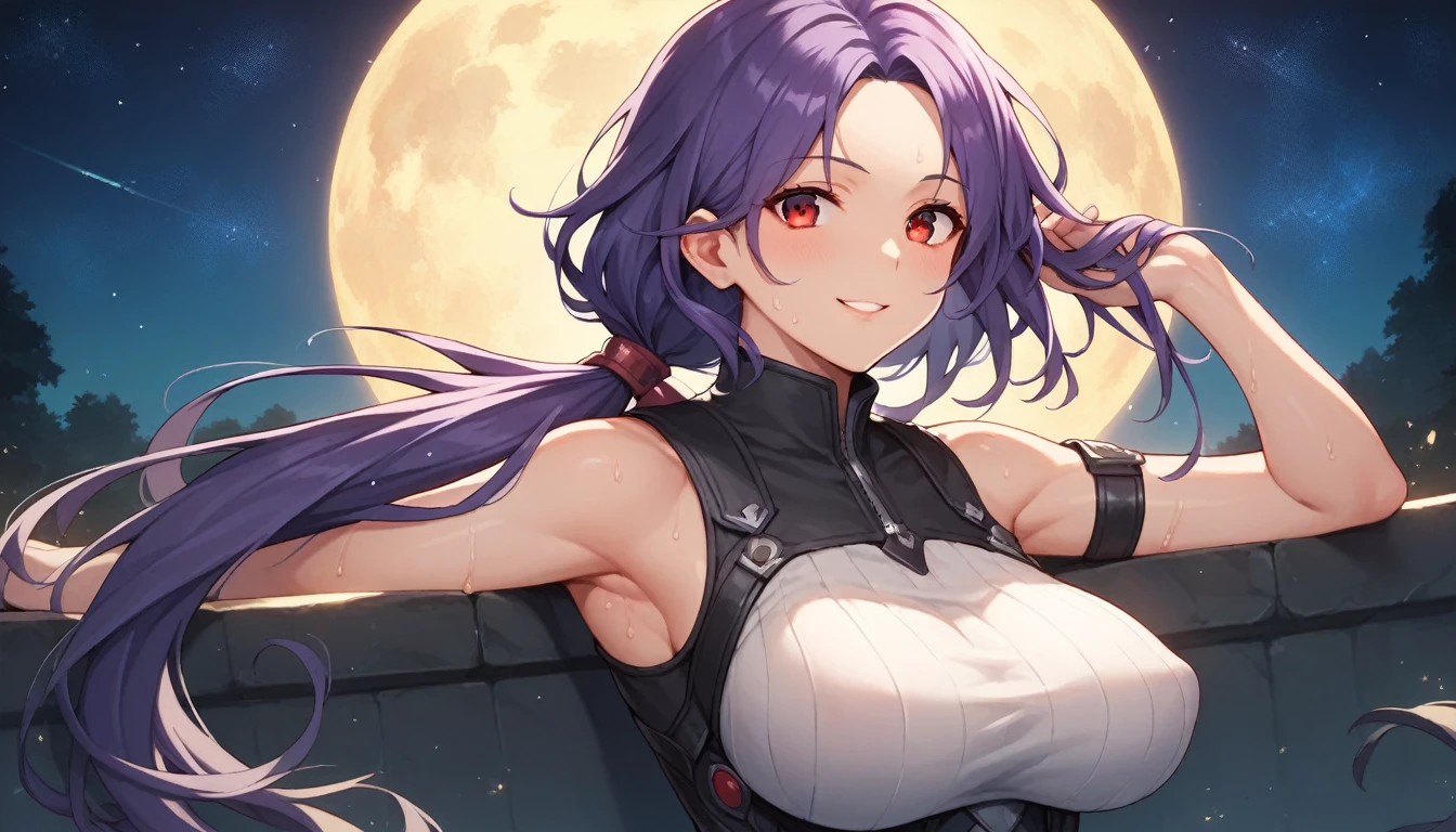 Score_9, Score_8_up, Score_7_up, One Girl,smile, Hirokazu Koyama ,Sweaty,sexy,Pixel Perfect,Large Breasts,Anatomically correct, Masterpiece Highly detailed,8k, (background,Starry Sky),(Fits your body,Rider Suit,Sleeveless),, Red eyes, ( Long Hair, Purple Hair, Parted bangs,low ponytail, ), Let me&#39;Let&#39;s take a look,Cowboy Shot,Flying in the air with arms outstretched