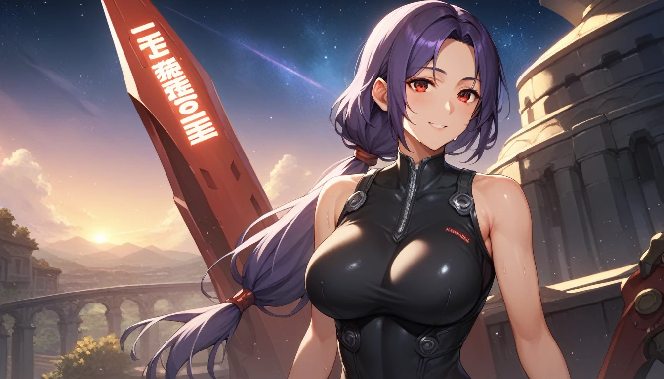 Score_9, Score_8_up, Score_7_up, One Girl,smile, Hirokazu Koyama ,Sweaty,sexy,Pixel Perfect,Large Breasts,Anatomically correct, Masterpiece Highly detailed,8k, (background,Starry Sky),(Fits your body,Rider Suit,Sleeveless),, Red eyes, ( Long Hair, Purple Hair, Parted bangs,low ponytail, ), Let me&#39;Let&#39;s take a look,Cowboy Shot,Flying in the air with arms outstretched