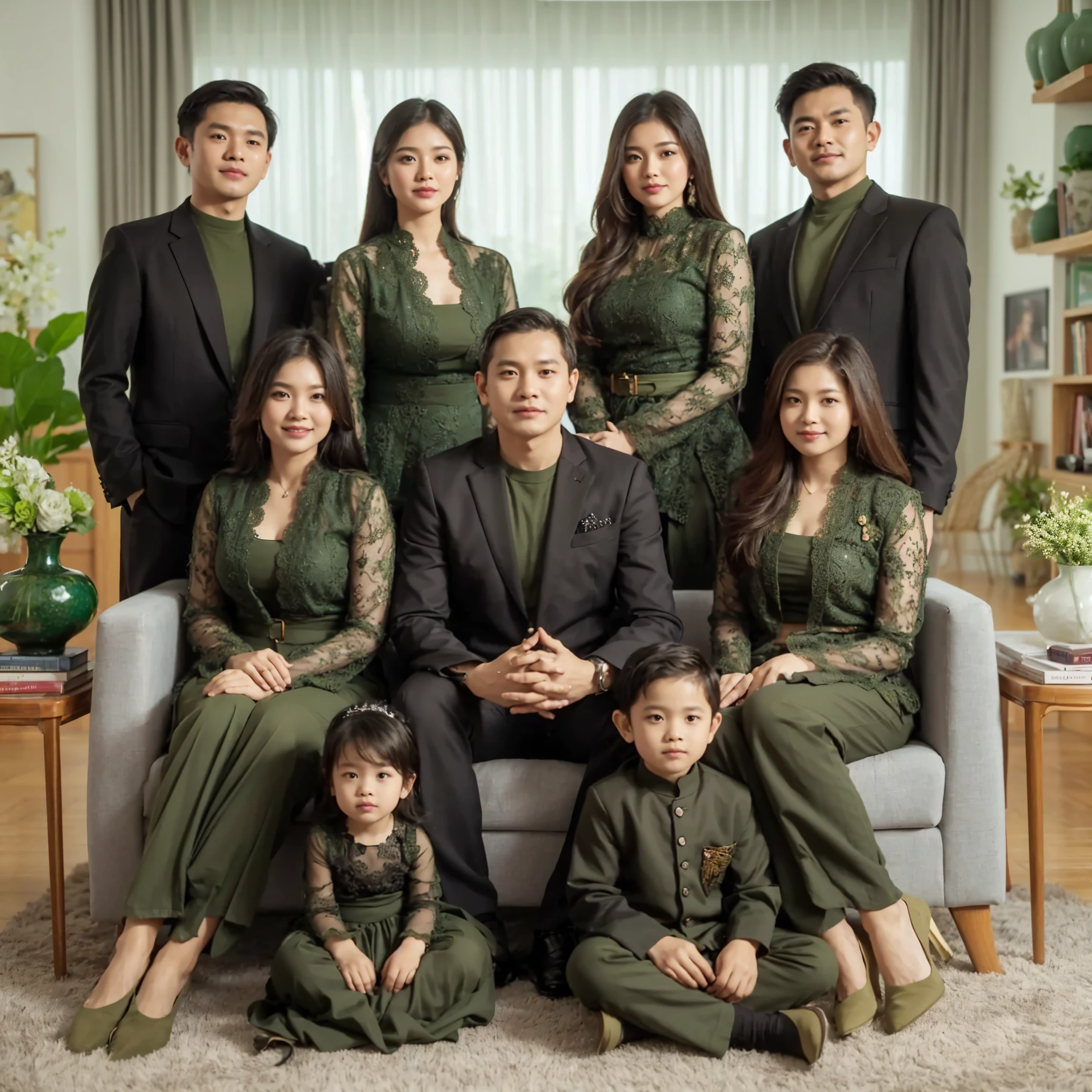 arafed family portrait of a man, Women, child, And two others., Photos with colors, color photo, Color photos, Colored background, Available in color, an indonesian family portrait, Available in color, Color photos, barong family, Available in color, Colored portraits, color photo, Family portrait, color photo, color studio photo, Restore color,Hair Detail