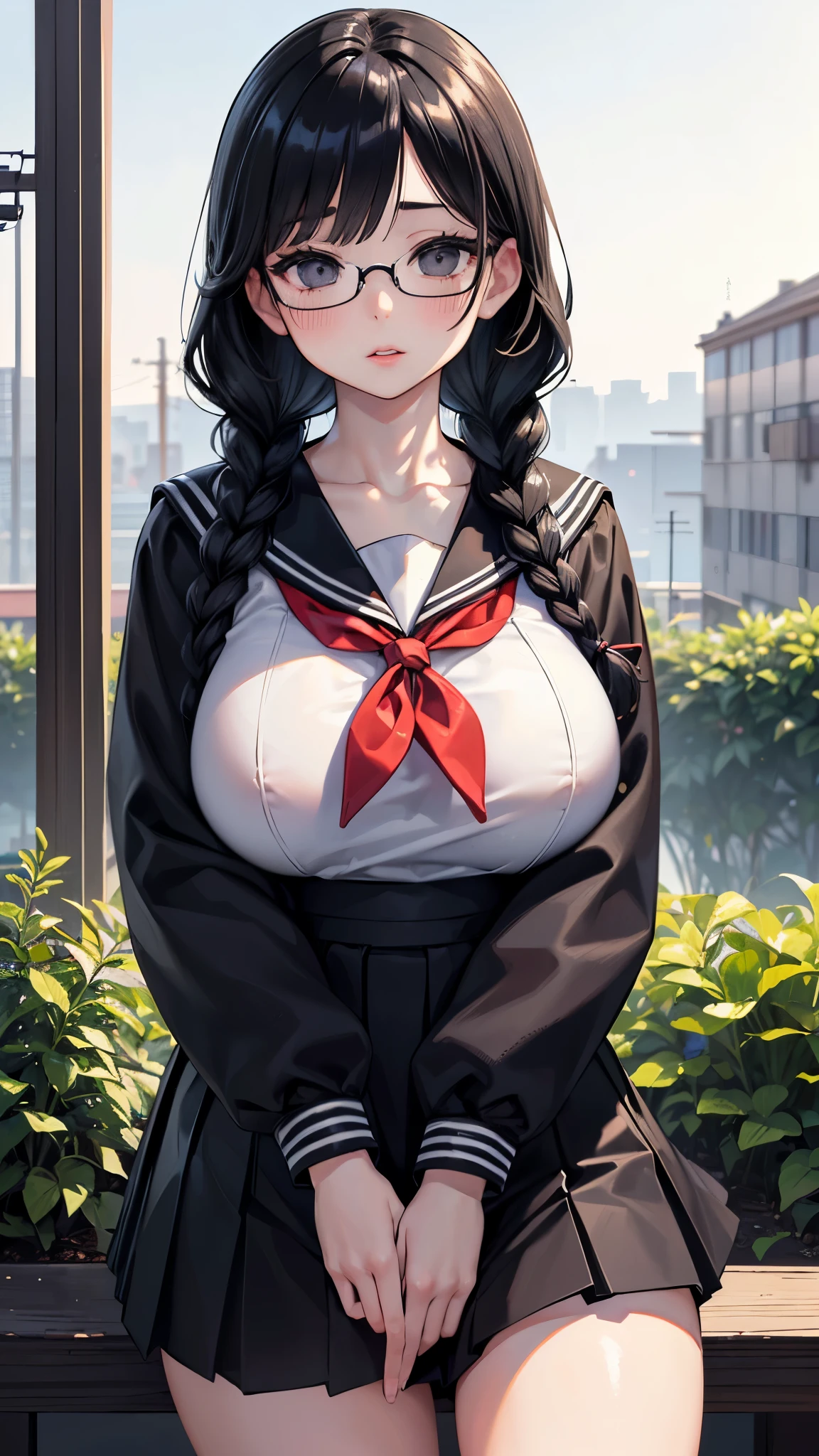 (Highest quality, Ultra-high resolution, Very detailed), (Realistic,超Realistic), Perfect lighting、Small breasts,View your audience, Perfect Woman,Perfect Face, (Perfect Anatomy, Anatomically correct), Cute and symmetrical face、Baby Face、((Shiny Hair)),(かわいいsmile, smile)、(masterpiece),8k,Very clear,(Ultra-realistic), One Girl,Wide Shot,((Large Breasts))、(Large Breasts)、(Highest quality), Realistic, (Live Action, Intricate details),(On campus), blush,(Inside the school),16-year-old high school girl、((Literary Girl))、school uniform), Shiny skin, ((Shiny black short braids)), (((Bangs that cover the eyes))), (Long eyelashes), Beautiful Face,(((Sailor suit))), ((Juicy lips))、(((freckle)))、(((Glaring)))