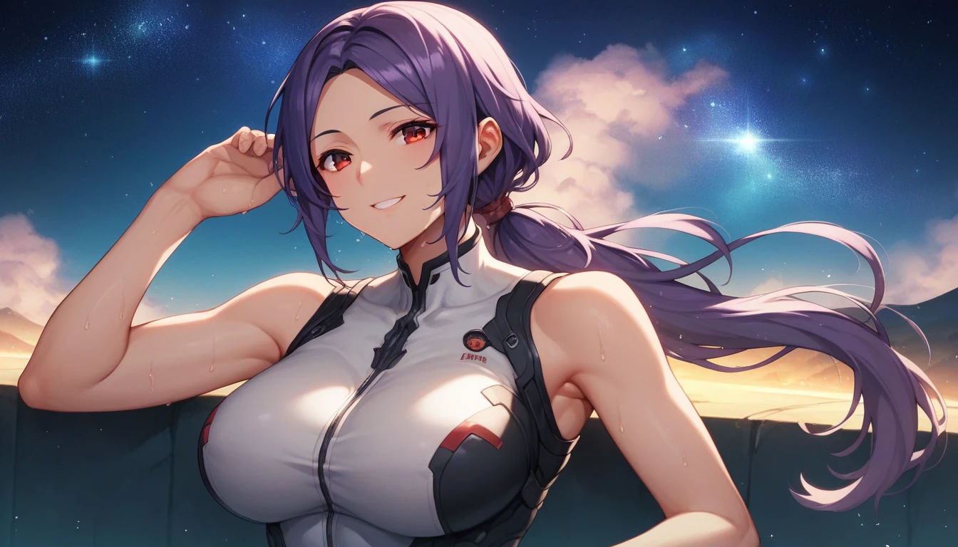 Score_9, Score_8_up, Score_7_up, One Girl,smile, Hirokazu Koyama ,Sweaty,sexy,Pixel Perfect,Large Breasts,Anatomically correct, Masterpiece Highly detailed,8k, (background,Starry Sky),(Fits your body,Rider Suit,Sleeveless),, Red eyes, ( Long Hair, Purple Hair, Parted bangs,low ponytail, ), Let me&#39;Let&#39;s take a look,It looks like he&#39;s jumping with his arms outstretched