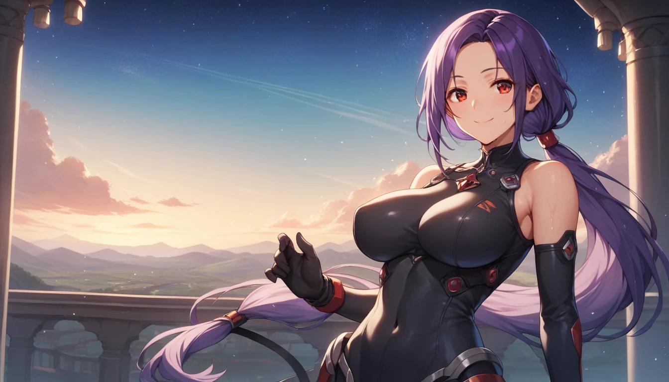 Score_9, Score_8_up, Score_7_up, One Girl,smile, Hirokazu Koyama ,Sweaty,sexy,Pixel Perfect,Large Breasts,Anatomically correct, Masterpiece Highly detailed,8k, (background,Starry Sky),(Fits your body,Rider Suit,Sleeveless),, Red eyes, ( Long Hair, Purple Hair, Parted bangs,low ponytail, ), Let me&#39;Let&#39;s take a look,It looks like he&#39;s jumping with his arms outstretched