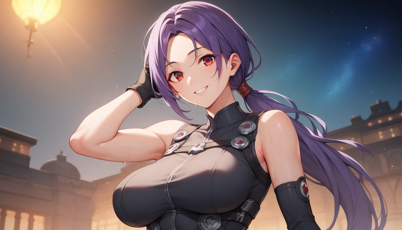 Score_9, Score_8_up, Score_7_up, One Girl,smile, Hirokazu Koyama ,Sweaty,sexy,Pixel Perfect,Large Breasts,Anatomically correct, Masterpiece Highly detailed,8k, (background,Starry Sky),(Fits your body,Rider Suit,Sleeveless),, Red eyes, ( Long Hair, Purple Hair, Parted bangs,low ponytail, ), Let me&#39;Let&#39;s take a look,It looks like he&#39;s jumping with his arms outstretched