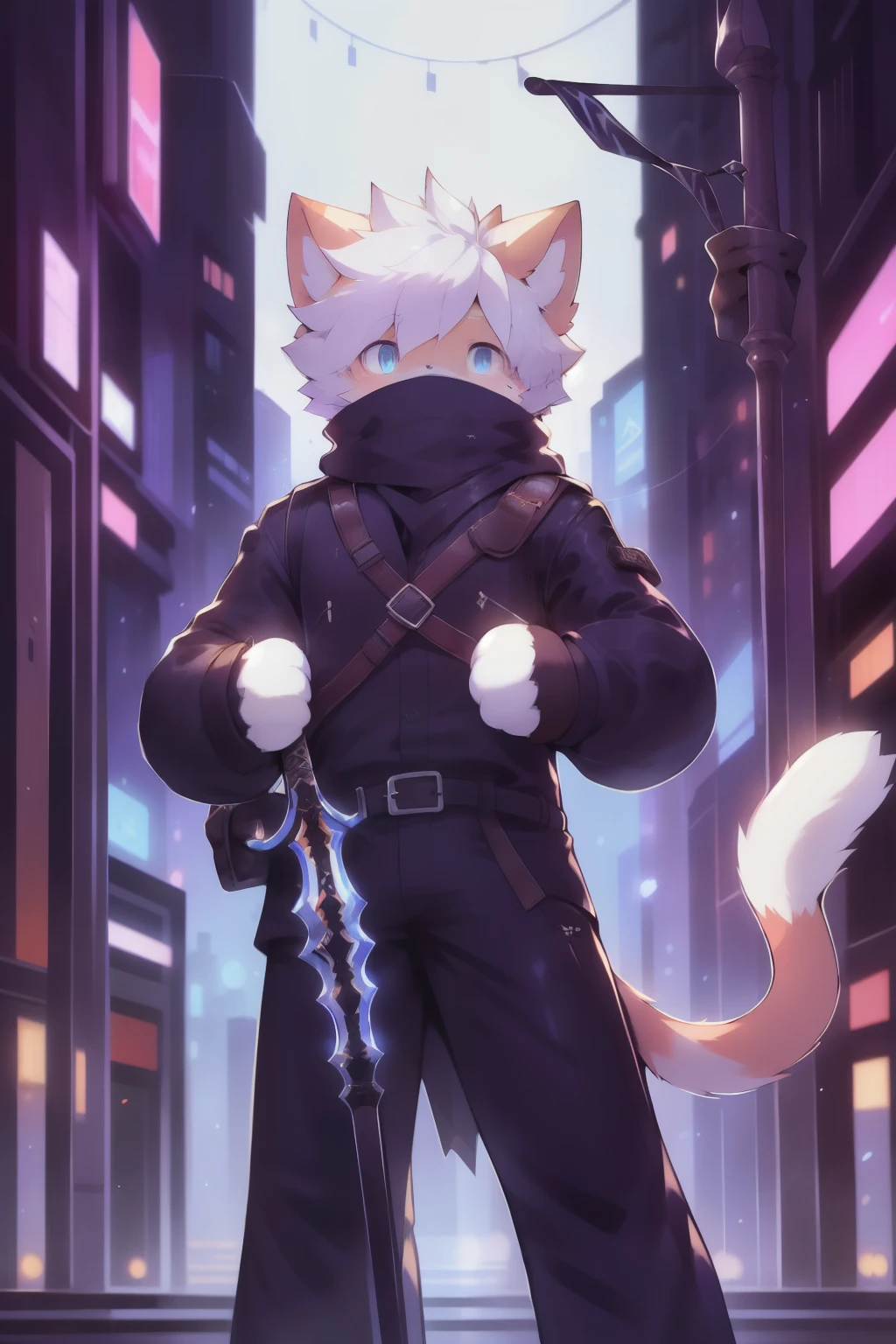 work of art, best quality, high resolution, 1 Femboy, synonym 1, scarf, short hair, mitts, ninja mask, long sleeves, leather pants, White hair, Cat's ears, cat tail,rogue clothes, leather pants, holding, holding a katana, hooded cloak, rogue rpg, rpg, ninja, cyberpunk city, menacing pose, wearing Technological mask