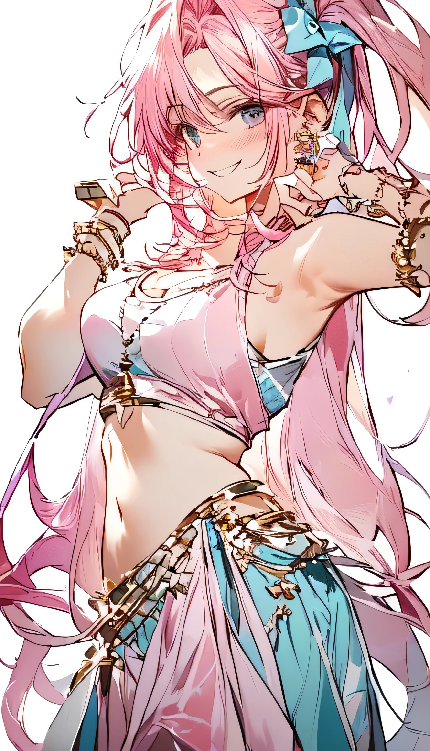 A smug narcissistic pink haired woman wearing a pink bra and blue pants and lots of jewelry flaunting herself
