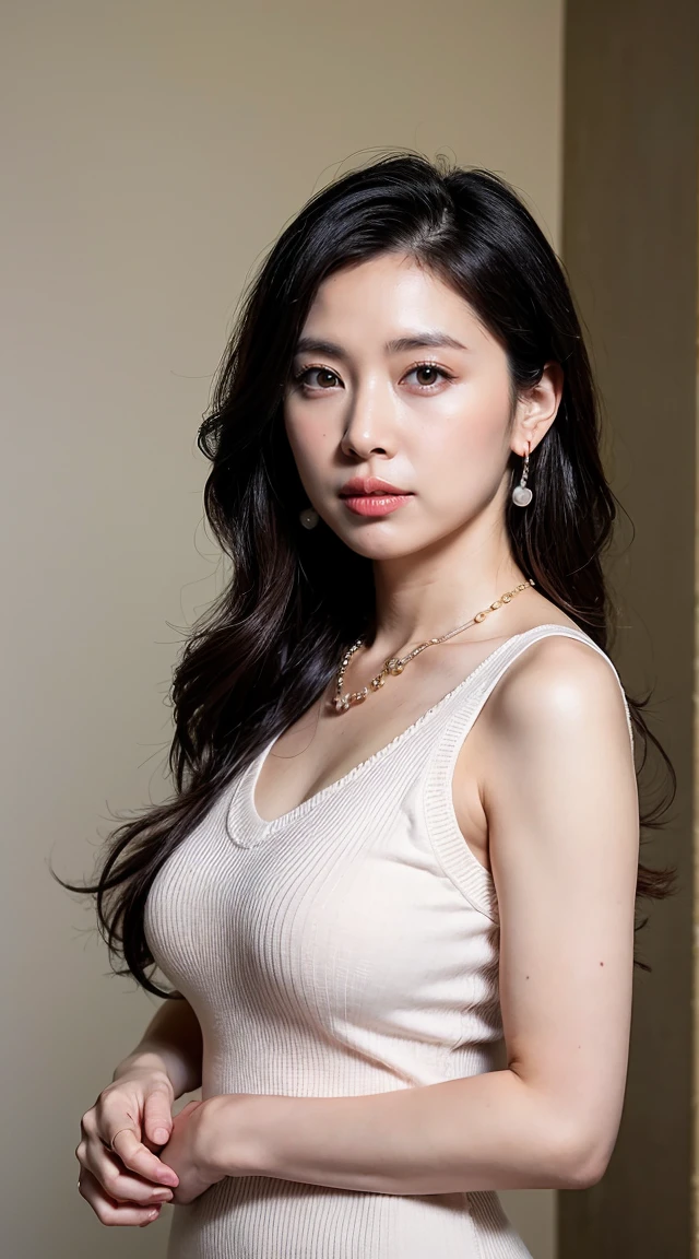 ((Please redeem, 8k, Portrait Photography: 1.3)), (Viewer Display), Photorealism,  Sharp focus, Alone, beauty products,Medium Long Hair,pearl necklace、Pearl Earrings、 Big Breasts、Accentuate your breasts, ((((Photograph the whole body)))),(V-neck sleeveless knit dress)，Age 30、Floral Background