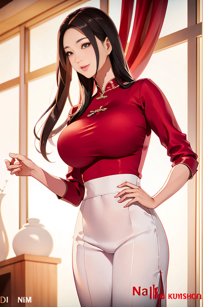 Wearing a red gaudy cheongsam with red lipstick, a beautiful  mature woman with brown hair, （solo：1.2），perfect body, with glasses，（highest quality，masterpiece：1.4）