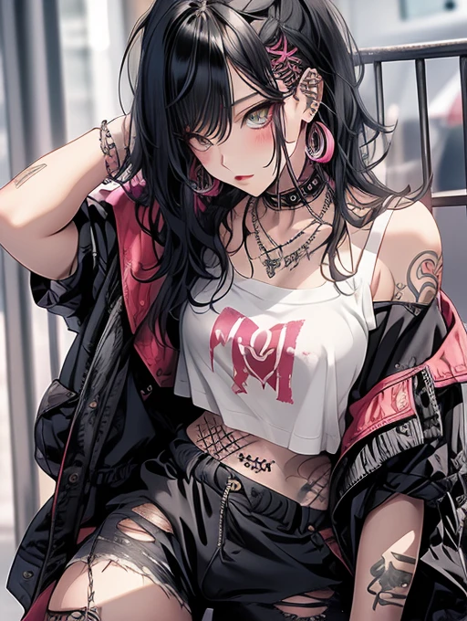 Aesthetic, horror Devil dark painterly style, modern ink, Sarada + Goku girl sensual big tits , gold red jeans short tshirts stars tattoo, expressive pose, urbanpunk, multi-layered perfect texture background, neo-expressionist, Russ Mills, Ian Miller, Harrison Fisher, Brian Froud, Jeremy Mann, Steadman , Hanuka, Klimt, Bell, Hobbie, Newton, greg rutkowski, atmospheric, hyperdetail, artstation trend, artgerm, deviant art, octane, masterpiece, complex art, intricate details, matte film poster painting, golden ratio, trending on cgsociety, incredibly detailed and stunningly beautiful