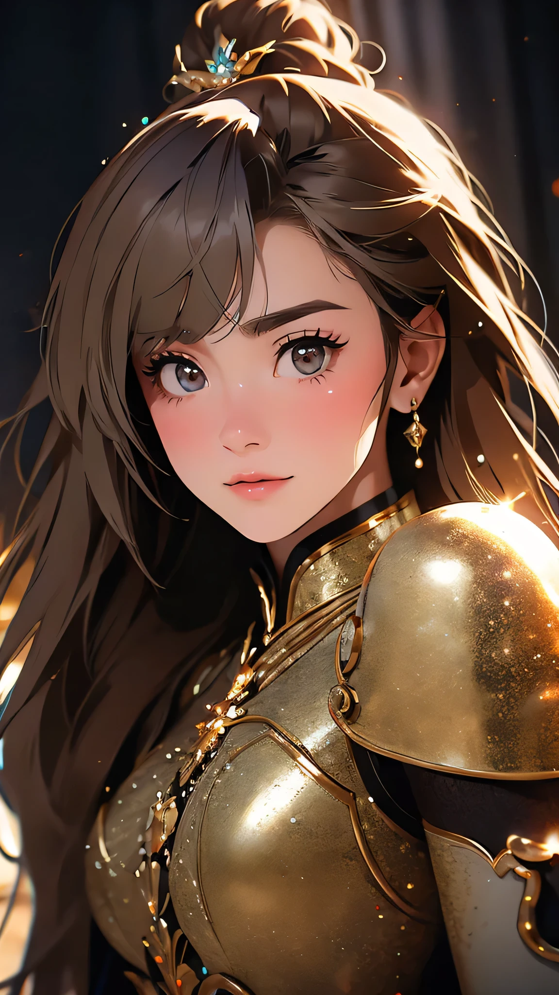 ((Masterpiece)), envision a 8k, highres, cinematic, extremely beautiful semi realistic close up portrait of a beautiful mature lady with a strong face, slender body, mean face, ((long brown hair)), armor, blush, flustered, side locks, round face, long sweeping bangs, brown eyes, soft lips, lip gloss, thick eyebrows, round face, ((((1girl)))), in dark lighting, against a dark gray background