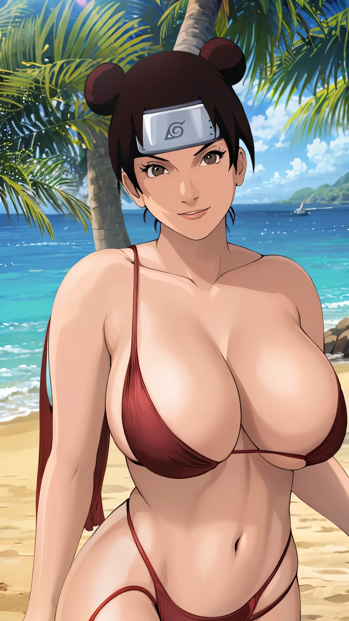 masterpiece, absurdres , (intricate details), (colorful),cinematic lighting,bust shot,extremely detailed CG unity 8k wallpaper,Tenten\(boruto\), 1girl, mature female, Huge Breasts, bikini, red bikini ,beach, summer, Summer Hat, Sunglasses, sunlight, ocean,wind, cloudy sky, palm tree, smile, parted lips,  looking at viewer, running,lens flare, Front View, (((RaikageArt Concept Model)))