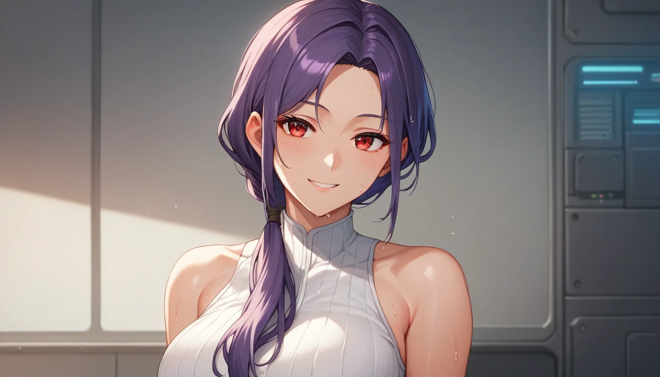 Score_9, Score_8_up, Score_7_up, One Girl,smile, Hirokazu Koyama ,Sweaty,sexy,Pixel Perfect,Large Breasts,Anatomically correct, Masterpiece Highly detailed,8k, (background,universe space),(Fits your body,White rider suit,Sleeveless),, Red eyes, ( Long Hair, Purple Hair, Parted bangs,low ponytail, ),Let&#39;s take a look,Flying in the air with arms outstretched