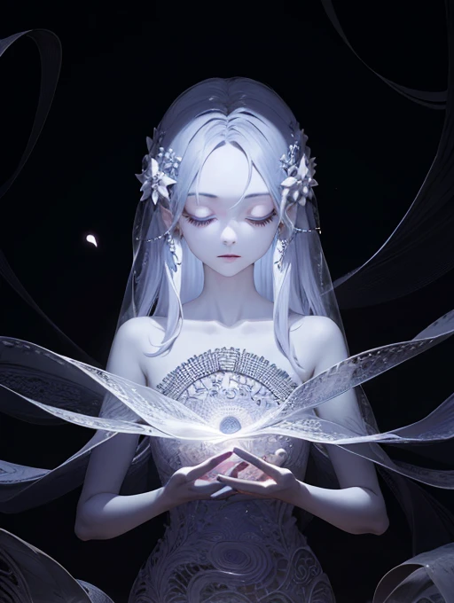 absurdres , highres, ultra detailed, (1girl:1.3), full body portrait, beautiful smile, magical circle, spirits, Gray halo, starry sky, divine, solarization, inverted tones, experimental photography, surreal contrast, striking visuals, artistic abstraction, layered silhouettes, intricate patterns, delicate craftsmanship, shadow play, depth and dimension, creative expression, ice art, frozen sculptures, translucent forms, ephemeral beauty, crystalline textures, delicate craftsmanship, chilling allure, icy mountains background, (bent knees), prayer hand position