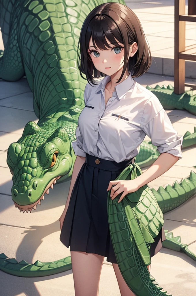 Crocodile girl,Crocodile girl,Crocodile tail,Crocodile tail,长着Crocodile tail的女孩,Dark green hair,Dark green hair,trousers,black色牛仔裤,Standing posture,black,Crocodile tail,Close-up above the waist,Limbs covered with crocodile skin,鳄鱼paw,paw