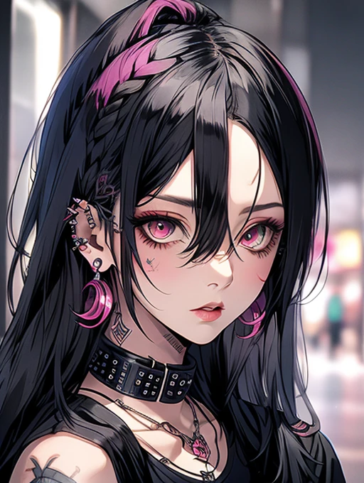 high resolution, Anatomically correct, best quality, Highly detailed, 1 girl, looking at the audience, Anatomically correct, best quality, colorful hair, Hair highlights, white hair, black hair, Uneven hairstyles, Uneven bangs, I have very long hair., full bangs, big breasts, Dark makeup, Embarrassed, Light blush on the cheeks, Dark eyes that are multi-colored, Gradient eye color, The left and right eyes are different colors., Chin foot, Close-up photography, Anime style, Jacket,Wrist bandage,blood on face,thug,mafia,adult body