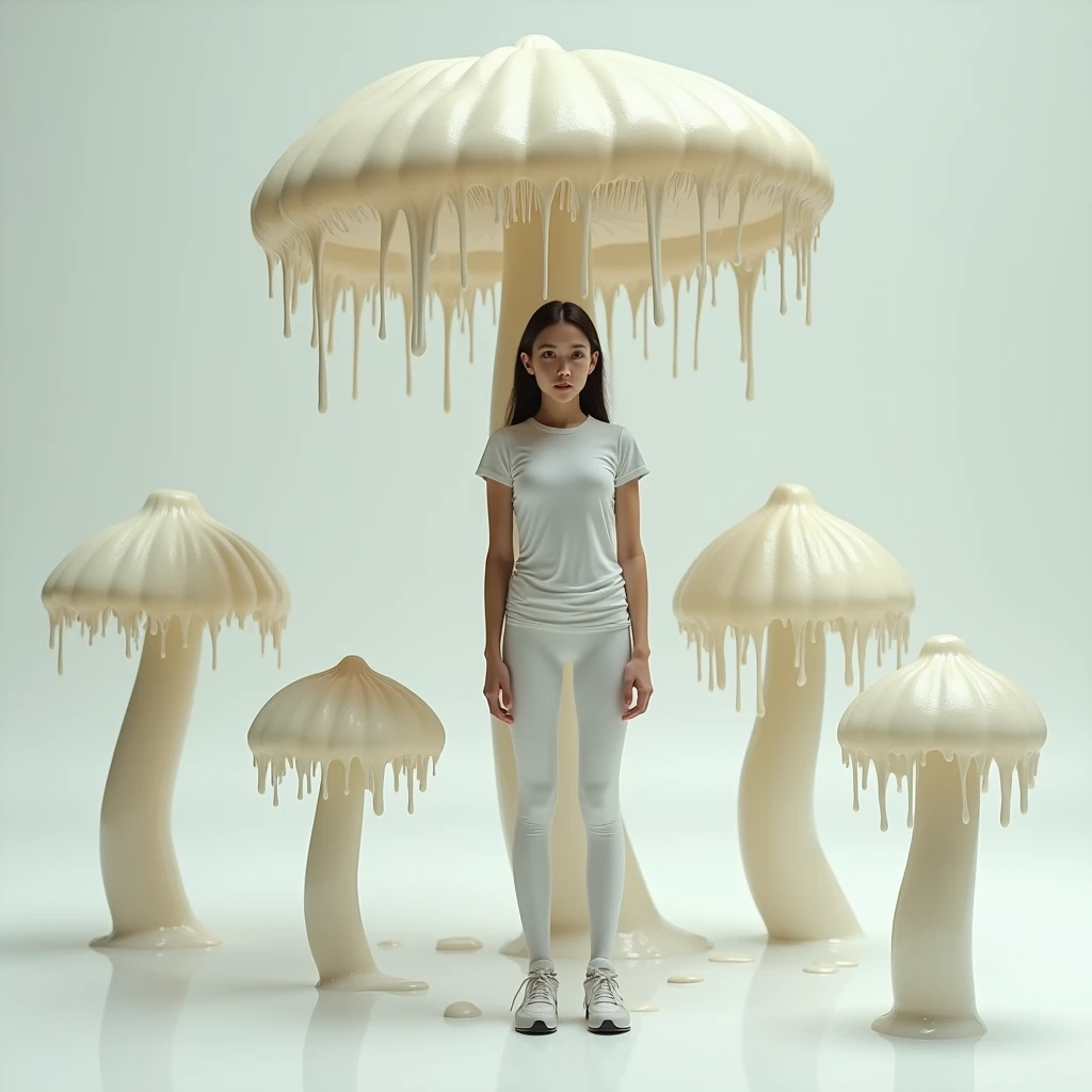 "5 girls, trapped in glistening silk cocoons, suspended by spider webs mid air, dark room