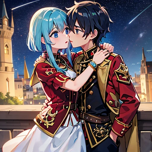 A girl with blue eyes and light blue hair, red blouse with gold plates on her body, pink panties, a gold bracelet and white skirt affectionately kissing a boy with short black hair on the lips, ojos marrones, lentes, red jacket with a night castle behind them and shooting stars in the sky