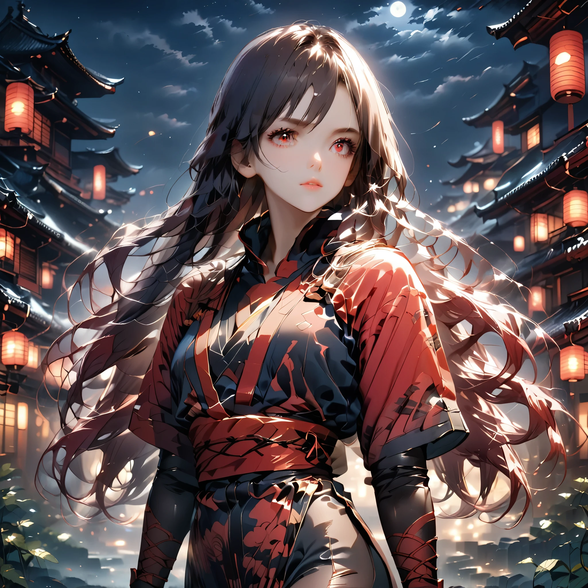 purple hair, long hair, a female assassin ninja in red and black ninja outfit, at night, black and red buildings, dark foggy sky, full body, looking at viewer, bright red eyes, beautiful face, perfect face, perfect hands, perfect legs, super detailed clothing, intricate clothing,