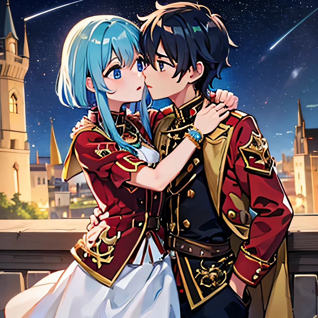 A girl with blue eyes and light blue hair, red blouse with gold plates on her body, pink panties, a gold bracelet and white skirt affectionately kissing a boy with short black hair on the lips, ojos marrones, lentes, red jacket with a night castle behind them and shooting stars in the sky