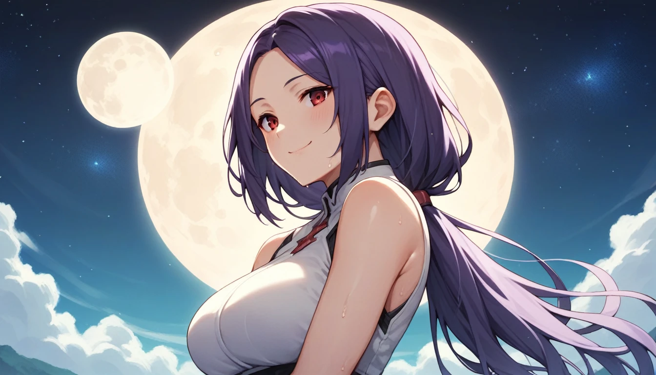master part, high, high quality, detailed face, detailed body rendering, full body 1girl, solo, nude, hyuuga hinata, large breasts, nude shoulders, necklace, Standing, Blushes, smile, put your hands on your hips, city, night, moon and stars