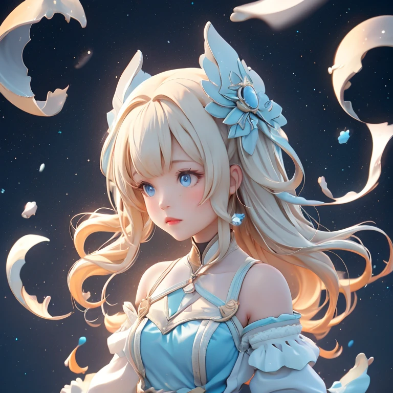 A girl with shoulder-length blonde hair、Softly styled。, Wavy layers with subtle silver highlights. She is small, Star-shaped hairpin on one side, It lends a heavenly charm to her modern look.. Her bright blue eyes are large and expressive, Soft, The glow of a clear night sky. Tiny, Star-like specks create a magical atmosphere.