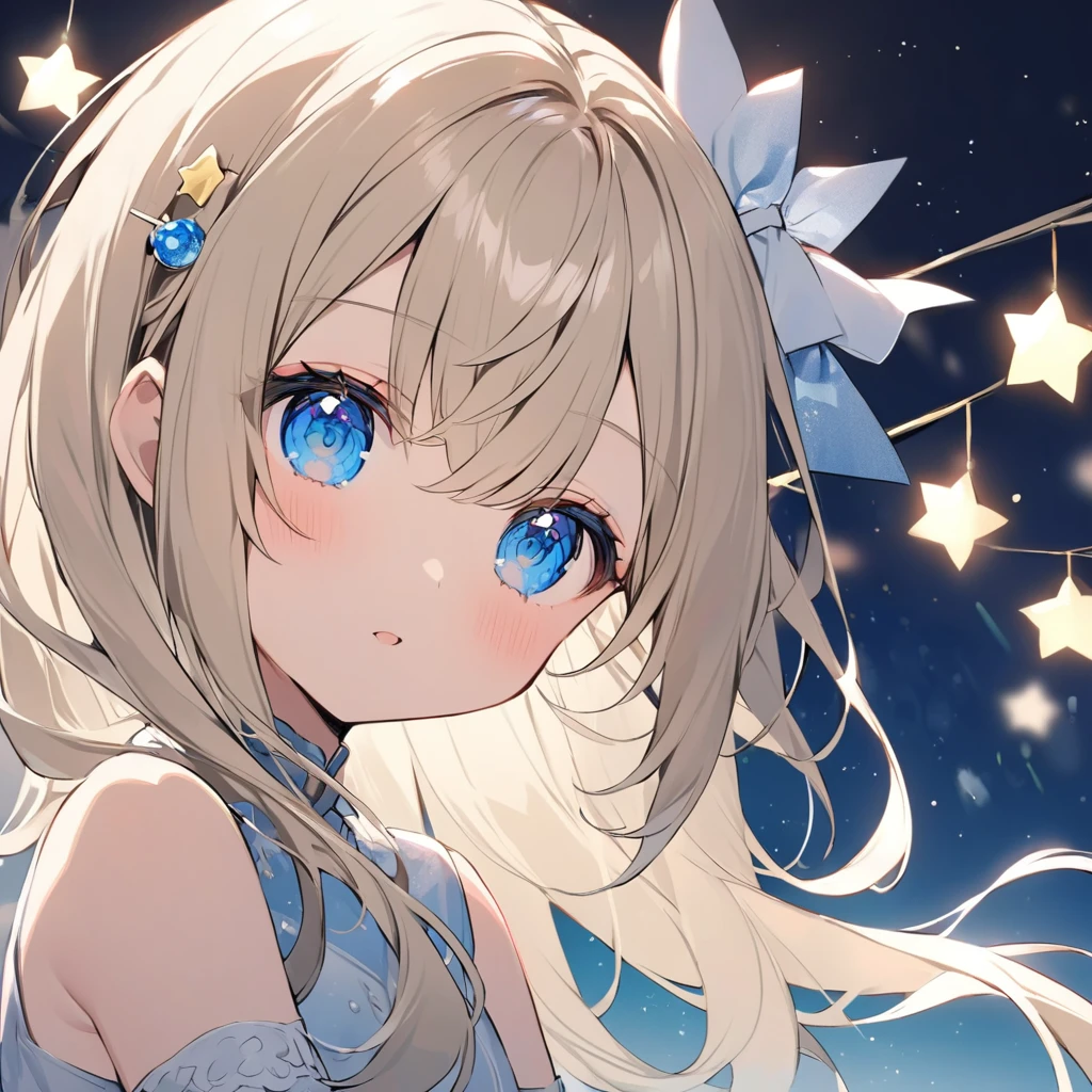 A girl with shoulder-length blonde hair、Softly styled。, Wavy layers with subtle silver highlights. She is small, Star-shaped hairpin on one side, It lends a heavenly charm to her modern look.. Her bright blue eyes are large and expressive, Soft, The glow of a clear night sky. Tiny, Star-like specks create a magical atmosphere.