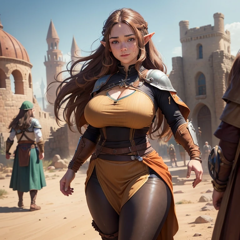 beautiful female half orc, with big thighs, nice hips, nice waist, big breasts, flowing hair, wearing animal skin clothes, iron armor and adorned with animal bones, 8k ultra realistic