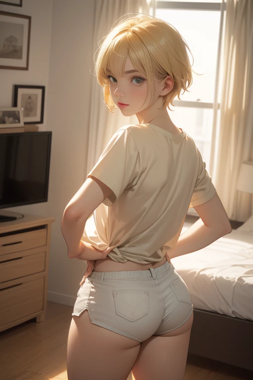 Grace_Kelly's_face (teenager_boy) (((blond_hair))) short_hair (((boy_wears_short_t-shirt_and_micro_shorts))) posing_seductively in_her_bedroom (((((looking_at_viewer))))) (((((centered))))) (((head_in_photo))) {(((((full_body_photo: 0.5)))))} (((Thick_thighs: 1.13))), (((standing))) (((from_behind)))