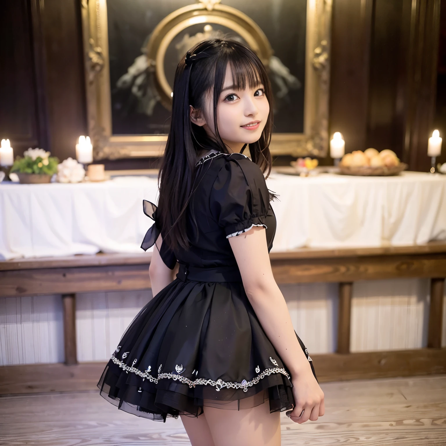 (Realistic, photo-Realistic:1.37), Very high resolution, (Extremely detailed:1.3), 8k, (masterpiece), (Best Quality:1.4), (Ultra High Resolution:1.2), (RAW Photos:1.2), Ultra-detailed backgrounds, (Unity 8K Wallpapers),(Gothic Fashion), Exquisitely drawn beautiful faces, eyes and skin, Detailed black shiny hair, Elegant frills, European castle landscape, Professional Writing、 Cute Face、Idol、(Black short sleeve lace top)、(Black tulle skirt)、(Black clothing)、(Floral clothes)、”dwarf”、((Full Body Shot))、(Side angle)、Cowboy Shot、(( smile))、(look back)、20-year-old girl:1.2, Embarrassing, Look away, blush:1.0,