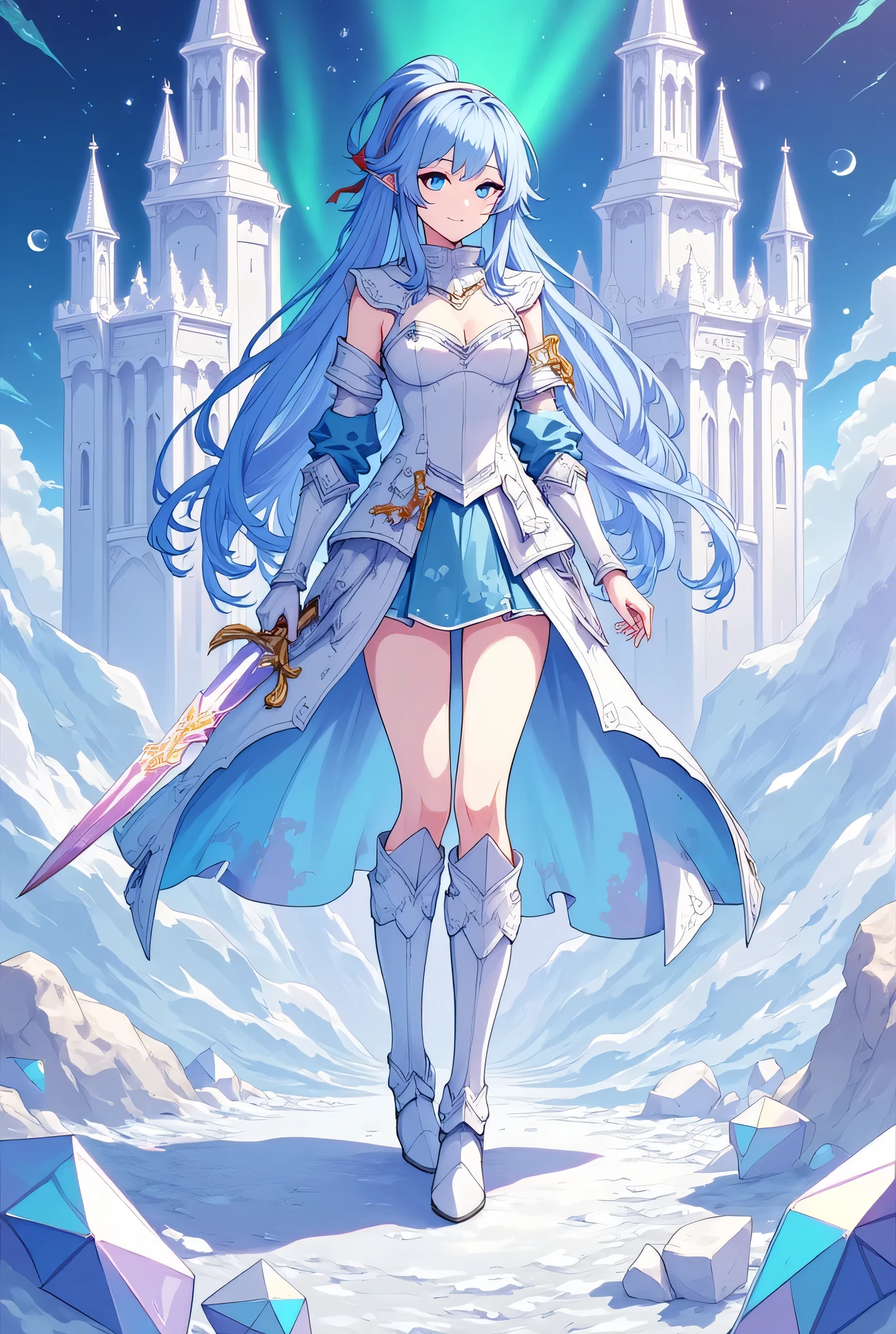 4K,High resolution,One Woman,Blue Hair,Long Ponytail,Blue Eyes,Big Breasts,Fantasy Knight,Ice Crystal Armor,Full Armor,Heavy Armor,Sleeveless,Armored High Heel Boots,Armor Gloves,Hairbands,Ice Crystal Sword,Jewelry decoration,Ice Castle,Aurora Sky