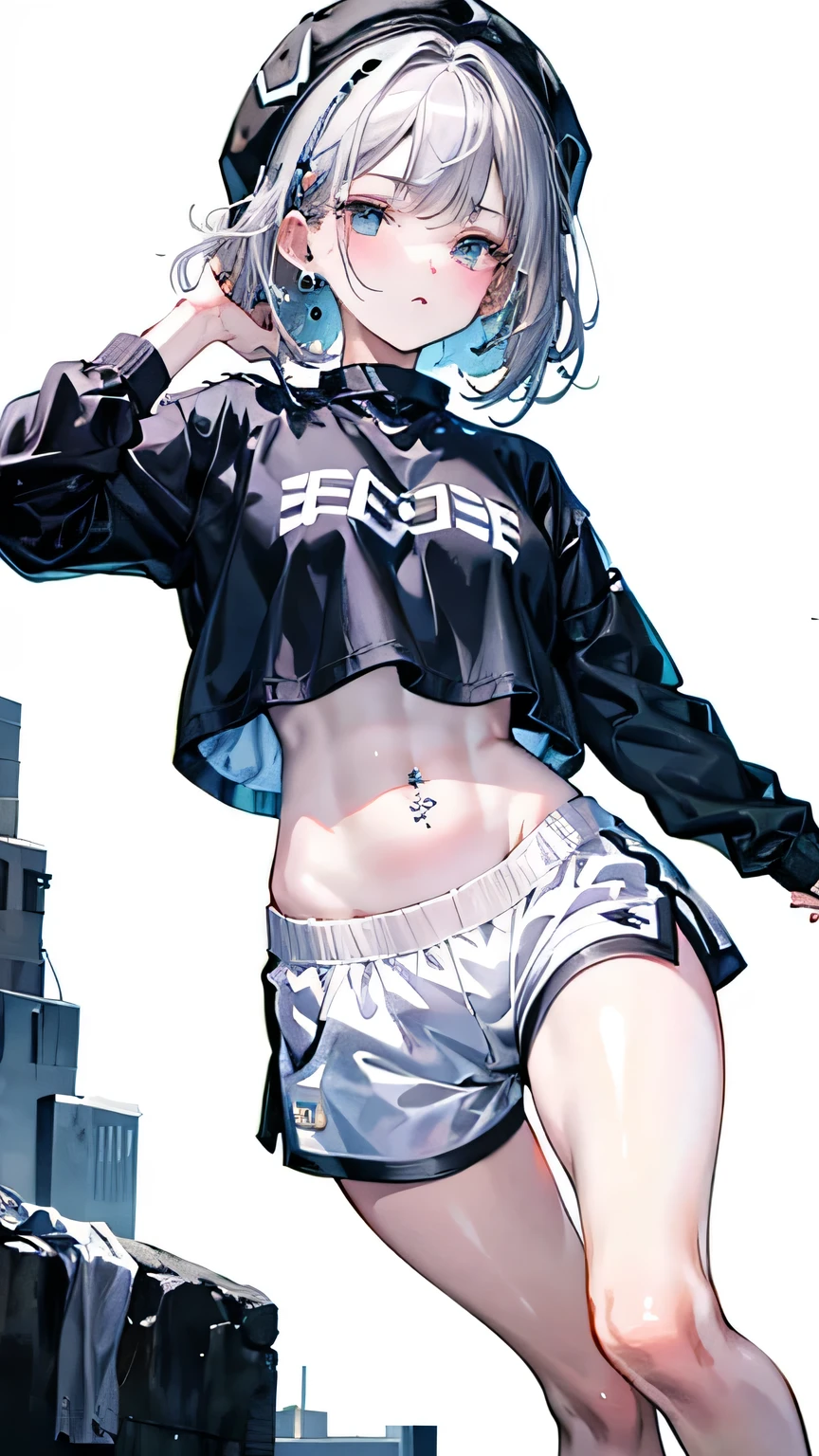  masterpiece, Best Quality, Absurd, comics, Illustration,
1 girl, Gray Hair,Women&#39;s Wolf Hair,Short Hair, (((whole body))),pretty girl, 若くてpretty girl, Korean Girls, {chest}, Width 17, 
Girl in white shirt and black shorts, Wearing a tracksuit, Oversized crop top, Trends with r/City clothing, She wears streetwear, Wearing a tracksuit, Sportswear,Wearing round glasses,Many ear piercings,Black knitted hat,