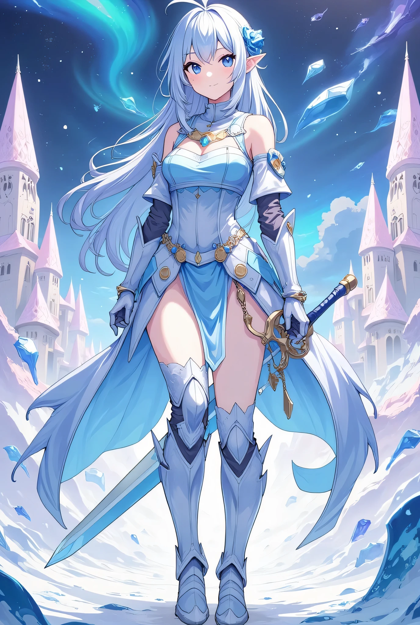 4K,High resolution,One Woman,Light blue hair,Long Ponytail,Blue Eyes,Big Breasts,Fantasy Knight,Ice Crystal Armor,Full Armor,Heavy Armor,Sleeveless,Armored High Heel Boots,Armor Gloves,Hairbands,Ice Crystal Sword,Jewelry decoration,Ice Castle,Aurora Sky