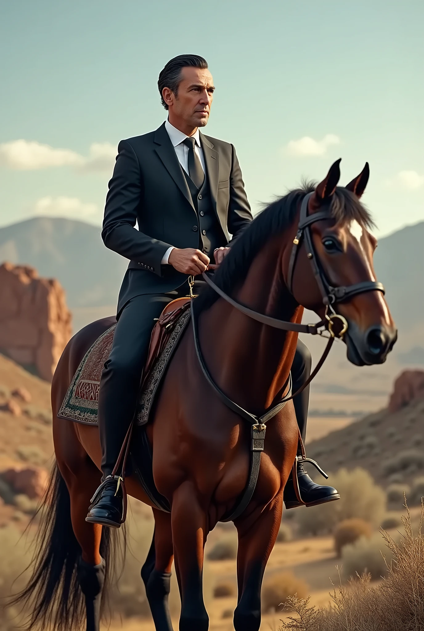 A man sitting on the horse in groom look 