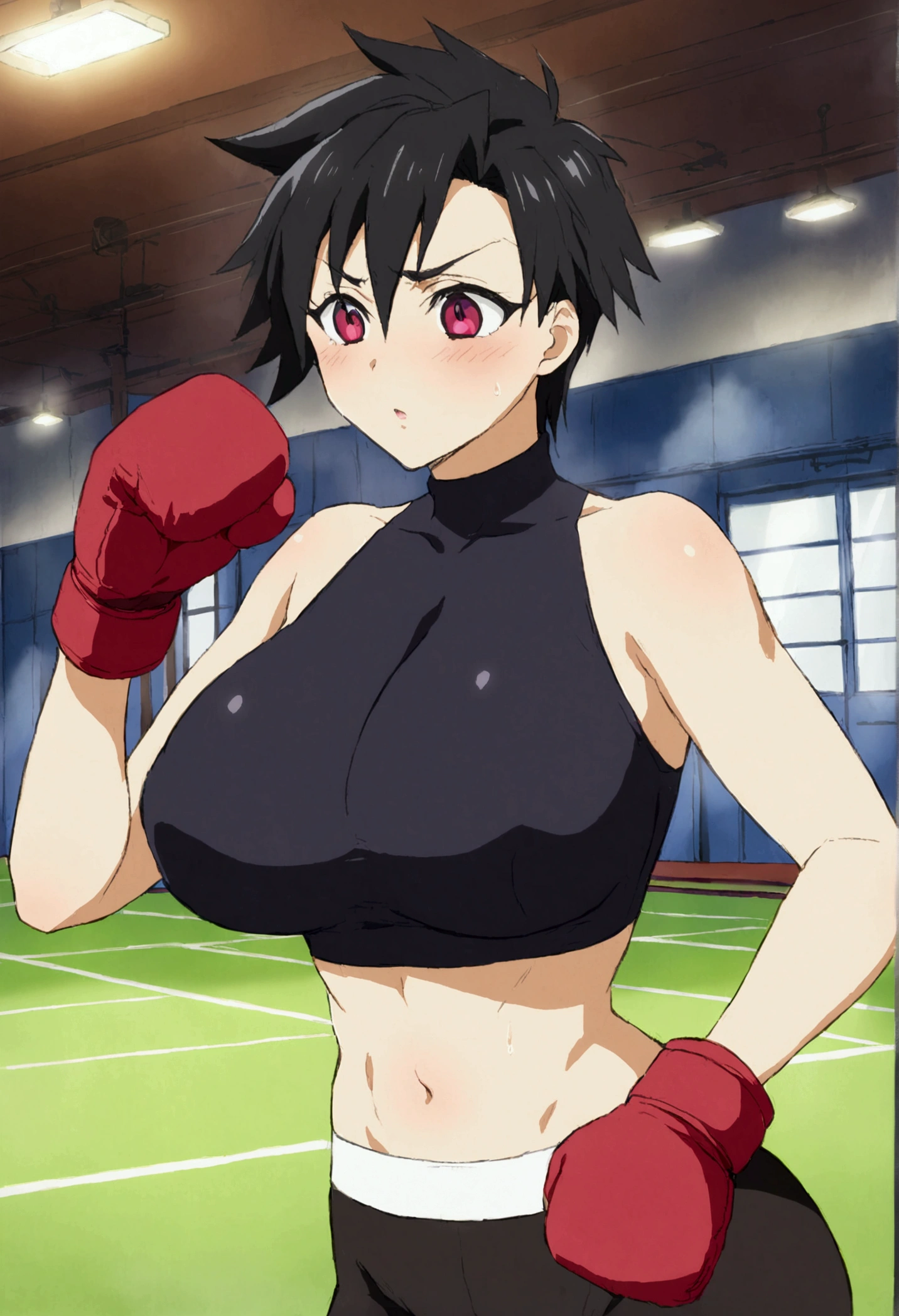 Kiriko, overwatch, Kiriko (overwatch), thick thighs, (large breasts), wide hips, small waist, cute face, wearing white tube top with black yoga leggings and large boxing gloves, standing in wrestling ring, seductive smile, smug, teasing pose showing breasts, (((health bar))), looking at viewer, (pov), larger female, ((handjob)), jacking off boy, rubbing penis, ejaculating in glove, glovejob, ((hands around penis)), (pulling down foreskin), pulling down on penis, finishing move, cumming