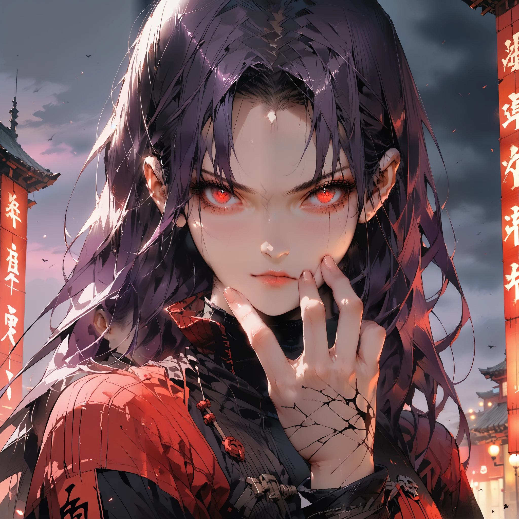 purple hair, long hair, a female assassin ninja in red and black ninja outfit, at night, black and red buildings, dark foggy sky, full body, looking at viewer, bright red eyes, beautiful face, perfect face, perfect hands, perfect legs, super detailed clothing, intricate clothing,