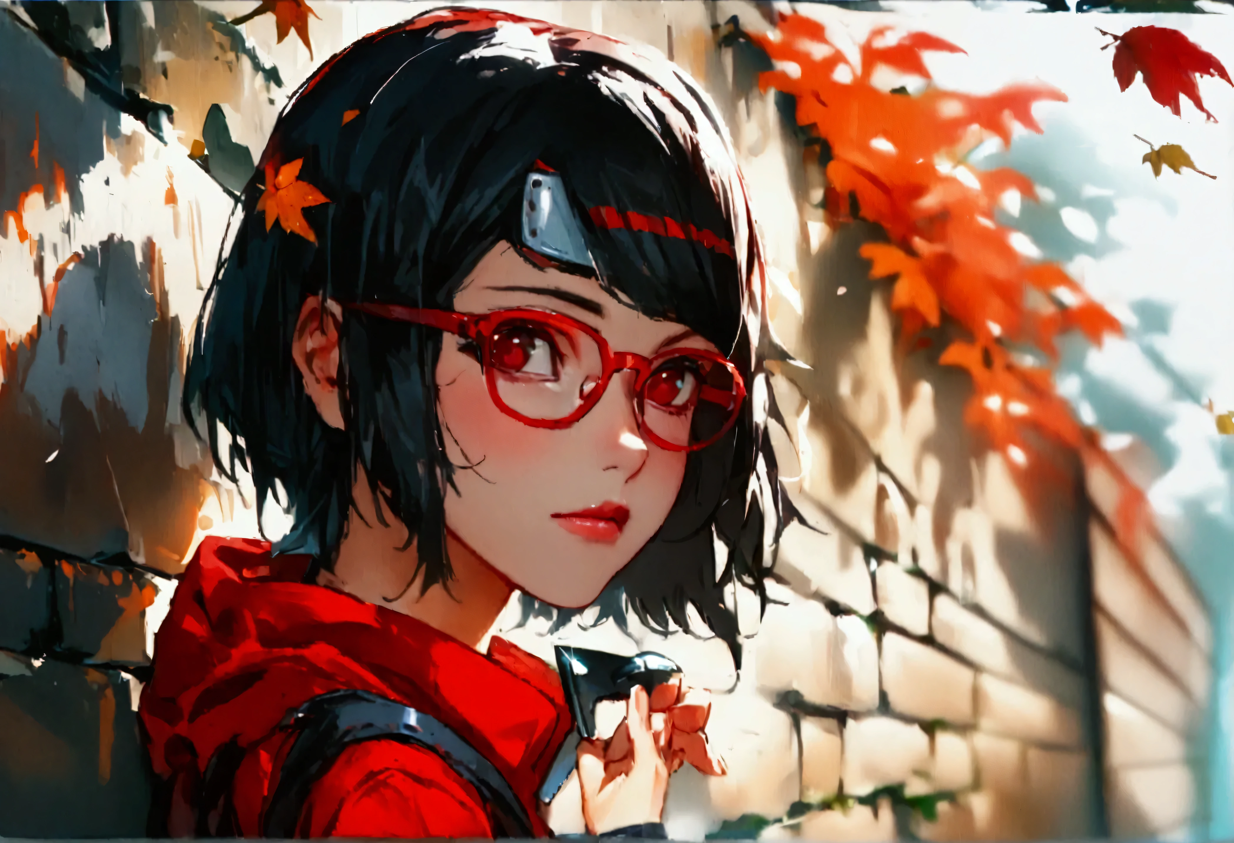 uchiha sarada, 1 girl, , red glasses, short black hair, leaf ninja headband, red outfit, kunai in hand, in front of a wall, best quality,4k,8k,highres,masterpiece:1.2,ultra-detailed, 