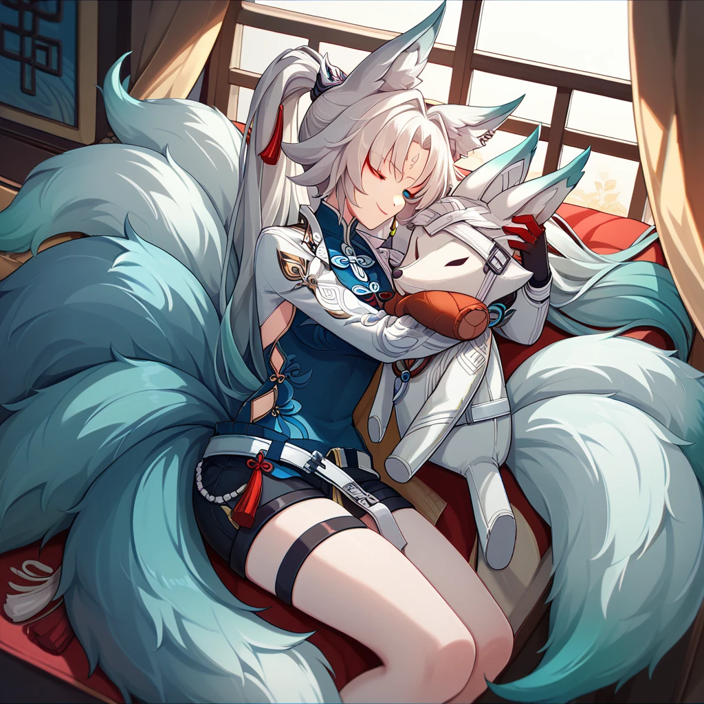 FeixiaoDefault, animal ears, long hair, ponytail, gradient hair, white hair, blue eyes, forehead jewel, ear piercing, tassel hair ornament, tassel earring, blue shirt, chinese clothes, brooch, red tassel, white coat, black gloves, fingerless gloves, white belt, blue waist cape, black shorts, thigh strap,(sleeping on a bed),(midnight),(night cruise ship room),(full room view:1.5),((fox tail)), (((((((nine fox tails:1.5))))))),((hugging a fox plushie )),smiling 