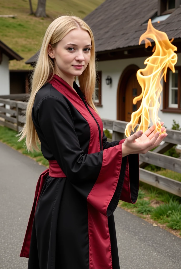 a beautiful sorceress with long blond hair dressed in a magical red and black robe casts a fireball in a dynamic pose against the background of a picturesque hobbit village, concentration, cold atmosphere, a bizarre mix of colors