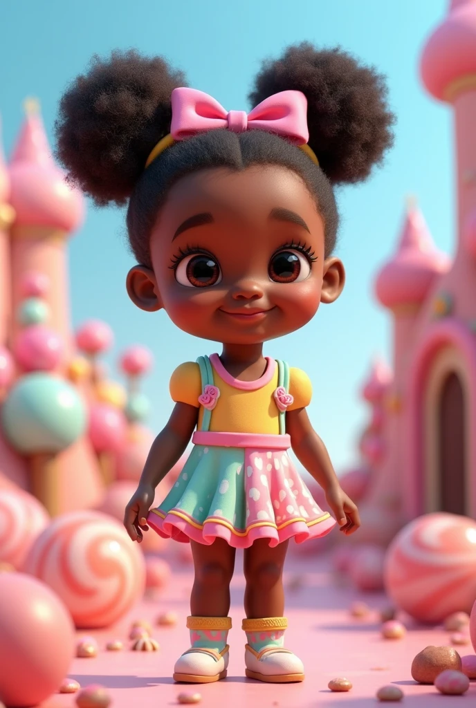  black disney pixar 3d style girl with cute outfit, and bow in hair on fantasy 8k background of sweets.