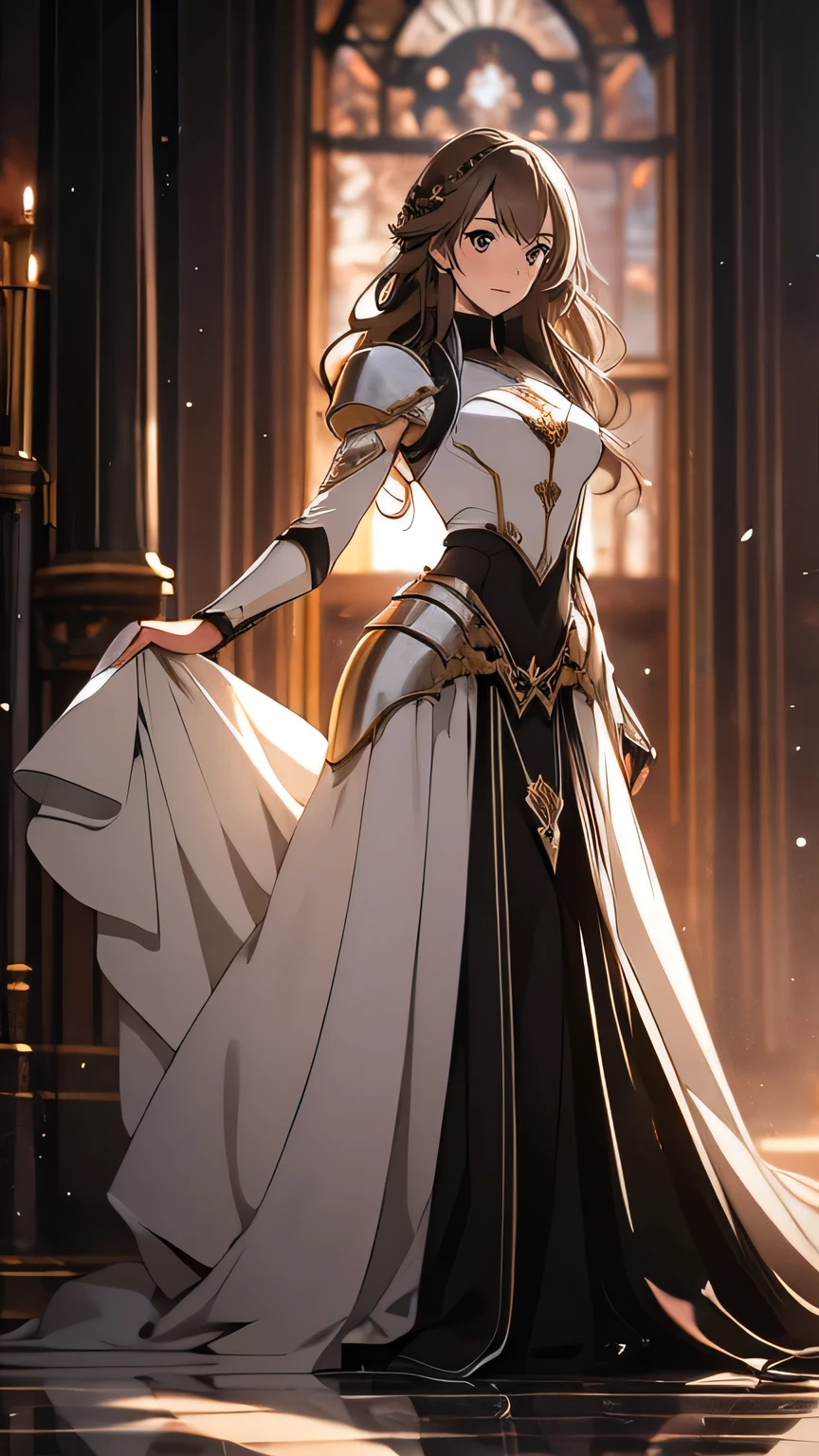 ((Masterpiece)), envision a 8k, highres, cinematic, extremely beautiful semi realistic full body pinup of a beautiful mature lady with a strong face, slender body, mean face, ((long brown hair)), (knight armor), blush, flustered, side locks, round face, long sweeping bangs, brown eyes, soft lips, lip gloss, thick eyebrows, round face, ((((1girl)))), in dark lighting, against a dark gray background