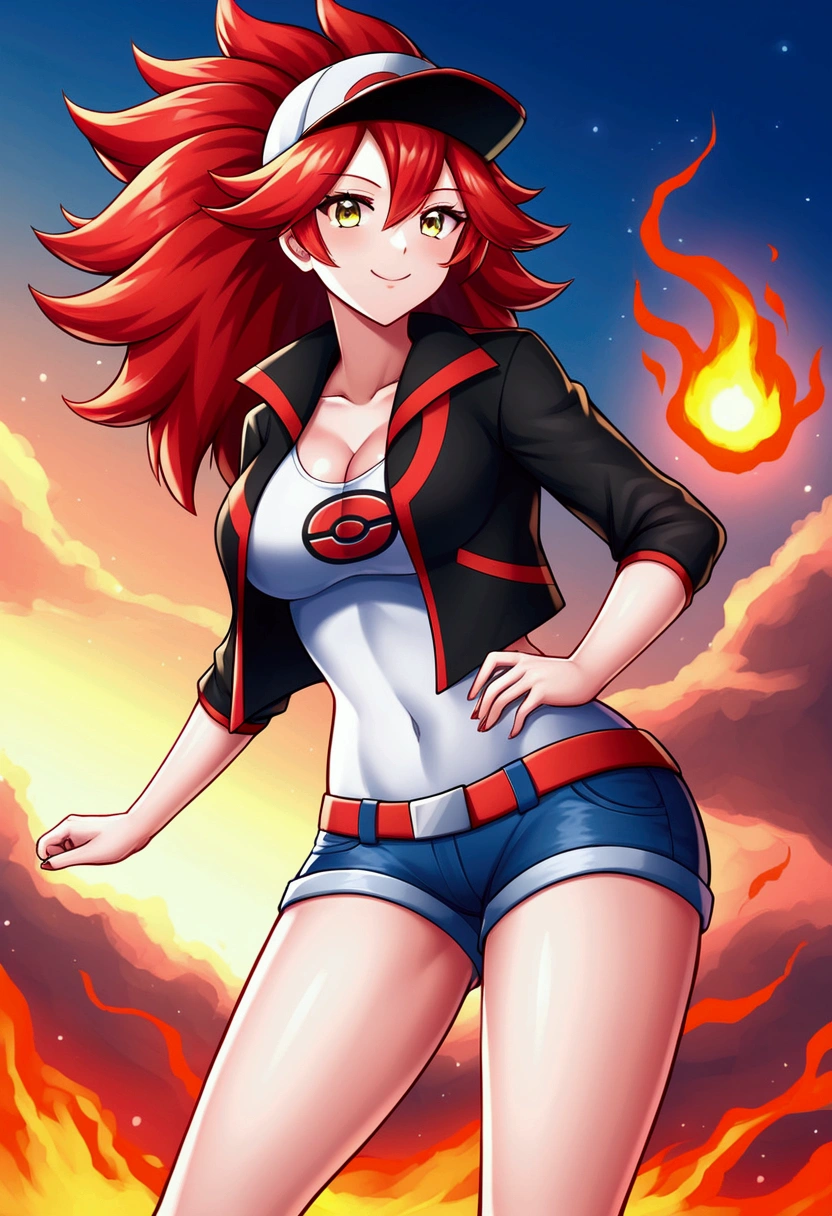 A red-haired girl with short, messy hair and bright yellow eyes, wearing a red Pokémon trainer jacket and goggles on her head. She has a denim skirt and a red field cap, styled in a dynamic anime art style with beautiful, vibrant colors. The overall aesthetic should emphasize energy and playfulness, capturing the character’s adventurous spirit."