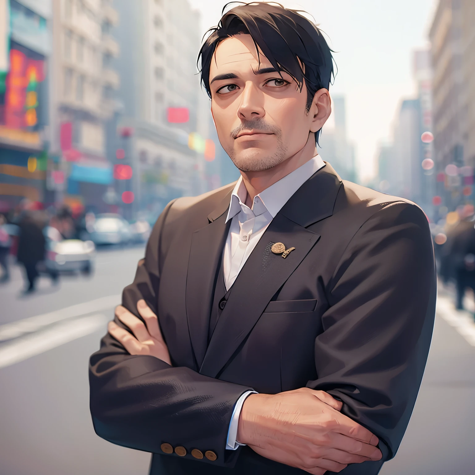 (Pixar 1.25 style) 1 man ((upper body front, bust shot)), solo, front, young man, very comical face, very detailed eyes, black eyes, very detailed nose, very detailed mouth, permahair, friendly, korean, men's suit, dark gray suit, downtown area, ((masterpiece, highest quality)), (composite lighting)
