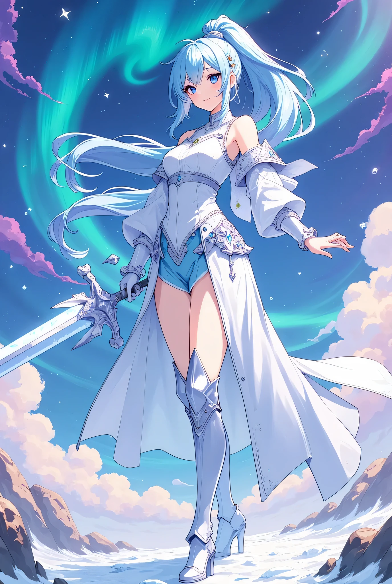 4K,High resolution,One Woman,Blue Hair,Long Ponytail,Blue Eyes,Big Breasts,Fantasy Knight,Ice Crystal Armor,Full Armor,Heavy Armor,Sleeveless,Armored High Heel Boots,Armor Gloves,Hairbands,Ice Crystal Sword,Jewelry decoration,Aurora Sky