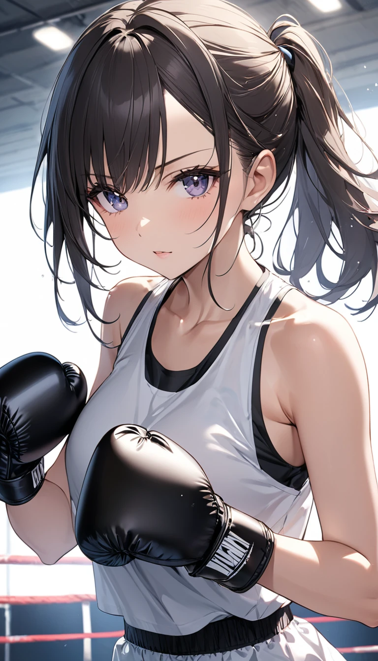 shizune,
BREAK (bare_shoulders,collarbone,sleeveless,Grey_dress:1.2),
BREAK gym, wrist bands, punching bag, fists, looking at you,
BREAK (masterpiece:1.2), best quality, high resolution, unity 8k wallpaper, (illustration:0.8), (beautiful detailed eyes:1.6), extremely detailed face, perfect lighting, extremely detailed CG, (perfect hands, perfect anatomy),